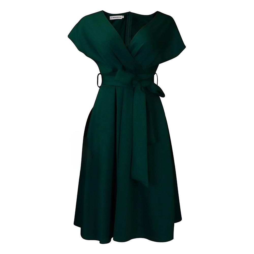 Women's V Neck Short Sleeve Off Shoulder Midi Dress A Line High Waist Elegant Solid Color Cocktail Party Dress Formal Evening Dress