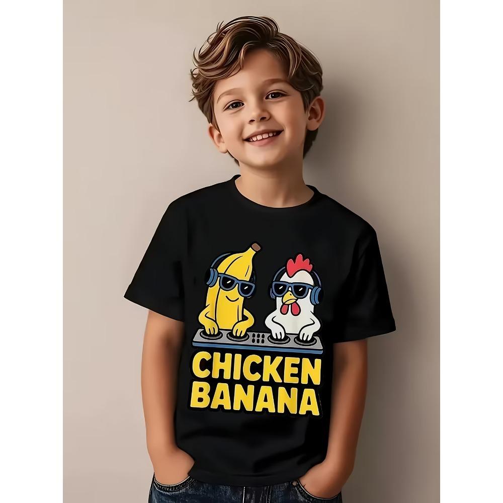 Summer Cartoon Chicken Banana Print Children's T-Shirt Crew Neck Kids Short Sleeve Casual Sports Fashion Boys Girls Clothes Tops
