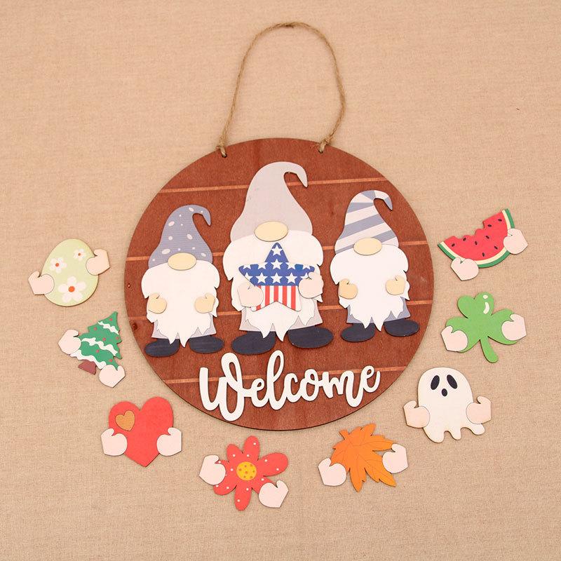 Christmas Wooden Three-dimensional DIY Replaceable Door Hanging Wreath Welcome Pendant Halloween Pendant