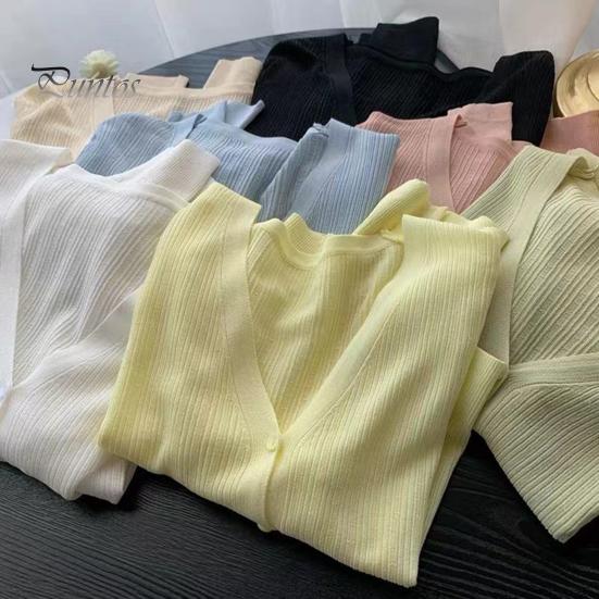 Sun Knit Cardigan for Women Long Sleeve V-Neck Button Up Thin Ice Silk Coat Summer Ribbed Cropped Top for Outdoor Travel Work Beach