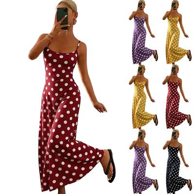 Dámské elegantní maxi šaty s puntíkovaným potiskem, úzkého střihu, na tenkých ramínkách, bez rukávů, letní/jarní outfit