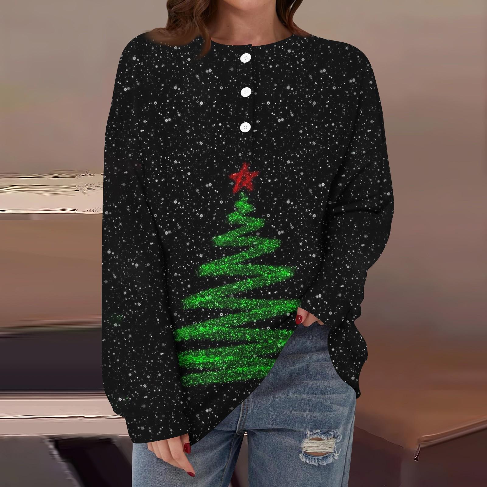 

Женская повседневная свободная толстовка с длинным рукавом, пуговицами и круглым вырезом с рождественским принтом XXL чёрный