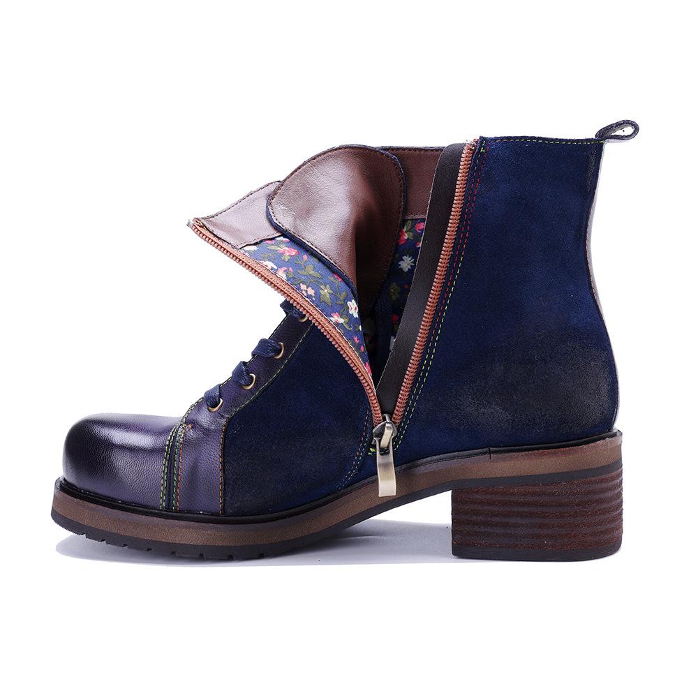 Johnature Botas Curtas de Salto Grosso Estilo Britânico com Rebites e Costura em Couro Genuíno Retrô Feitas à Mão para Mulher