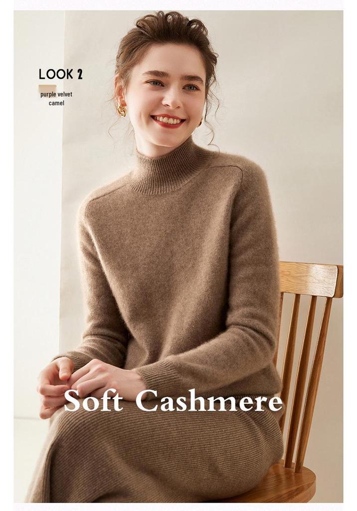 Women's Cashmere Half High Neck Sweater – Thick, Solid Color, Loose Fit for Autumn/Winter.