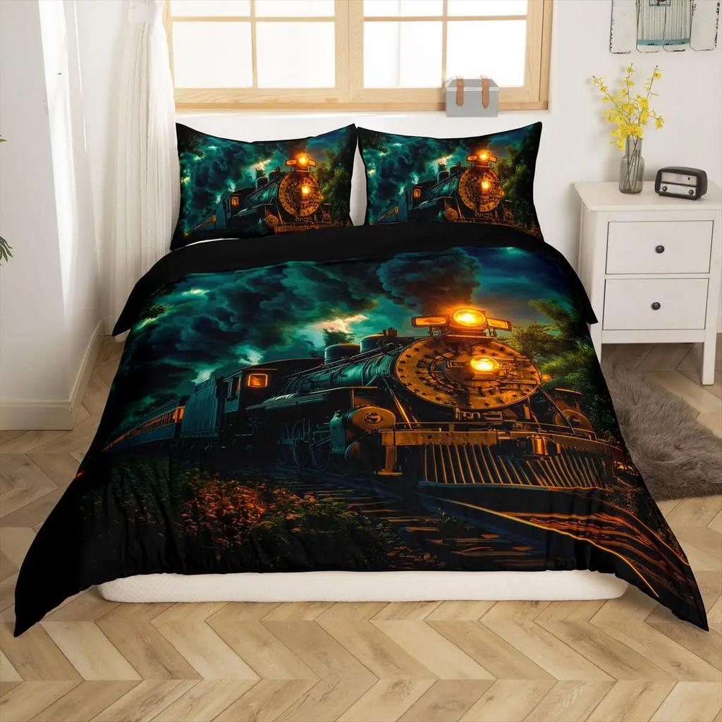 Tog Sengetøy Sett Kjøretøy Dynetrekk for Gutter Barn Tenåringer Soveromsdekor Trykt Dynetrekk Sett