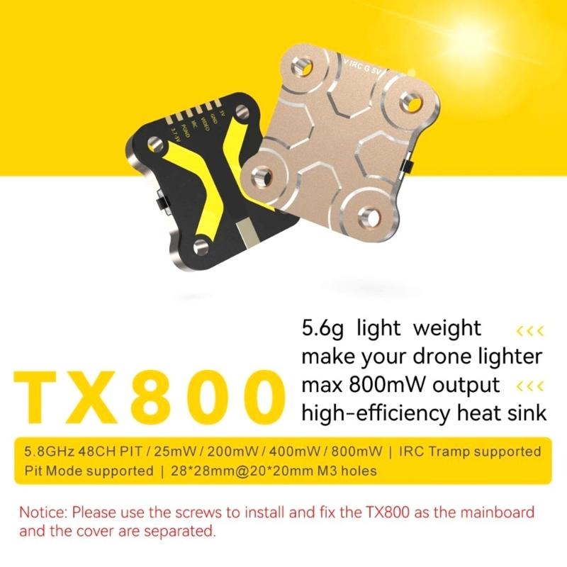 TX800 VTX 5.8G 48CH PitMode 25mW/200mW/400mW/800mW Output Long Ranges Transmitter Clear and Stable Signal Transmission