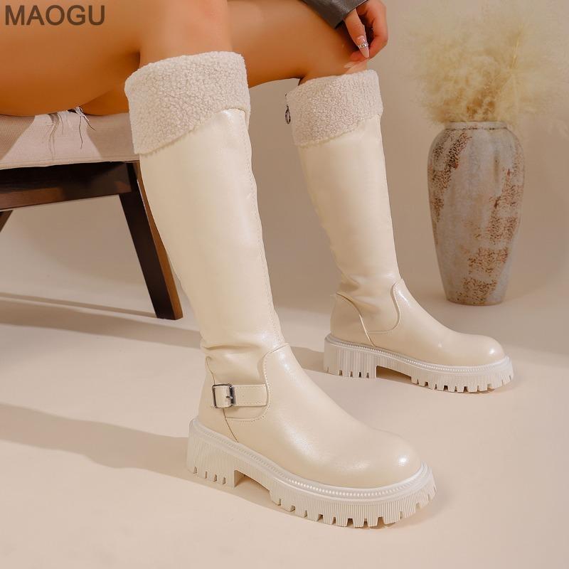 British Style Platform Chunky Shearling Knee-High Long Boots 2026 Winter New Plus Size 35-43 Belt Buckle Riding Boots for Women