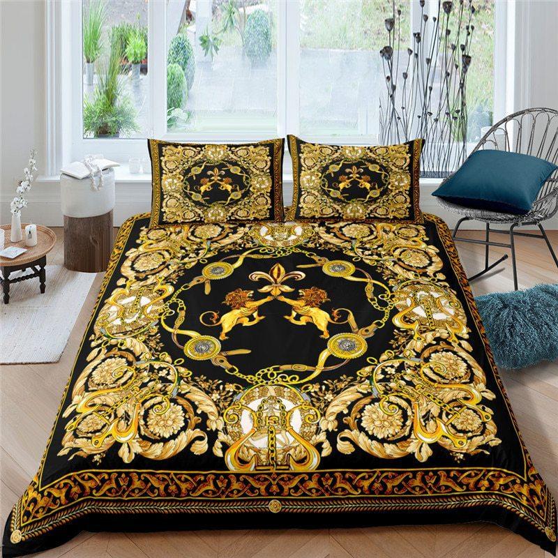 Three-Piece 3D Digital Printing Bedding Golden Lion Printing Quilt Cover