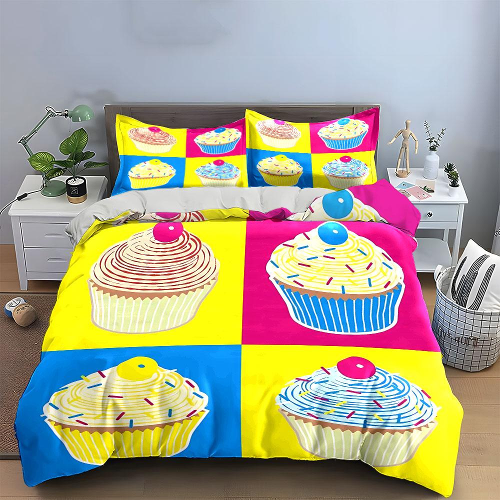 Colorful Pop Art Cupcake Print Bedding Duvet Cover Set Duvet Cover Pillowcases (1*Duvet Cover 2*Pillowcases, without duvet insert)