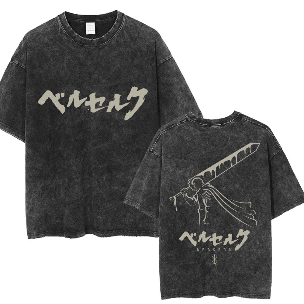 Vintage Washed Anime Berserk Guts T Shirt Swordsman Gatsu Sacrifice Zodd Harajuku TShirt Men Women Loose Cotton Tees Streetwear