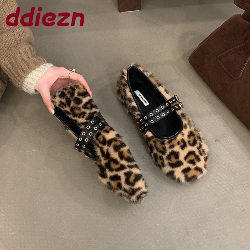 Fashion Fashion Round Toe Women Mary Janes Flats Fur Shoes Female Buckle Strap Footwear Warm Ladies Flats Shallow Shoes