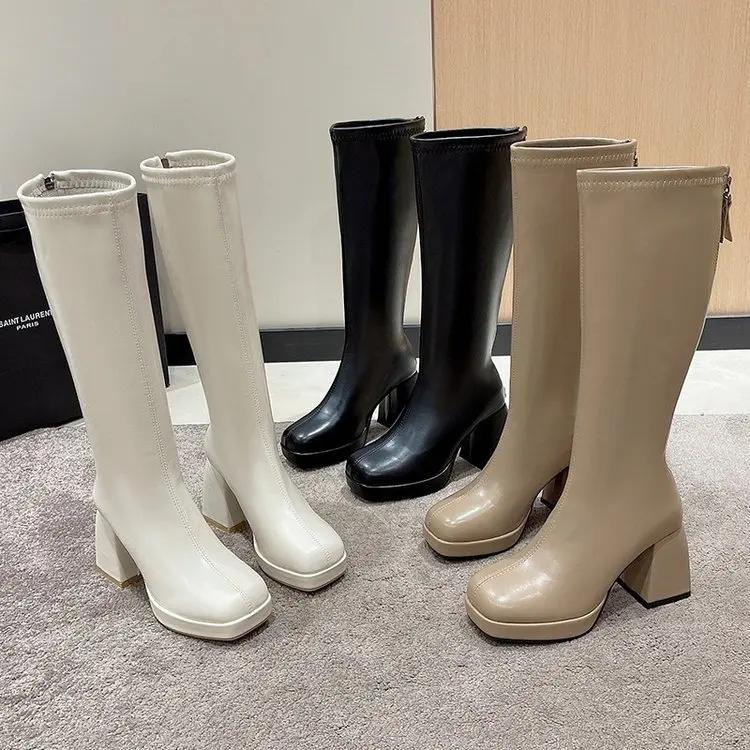 Fashion Women Knee-high Boots Fashion Square Toe Back Zippers High Heels Autumn Winter Thick Heel Ladies Fleece-Lined Knight Long Boots