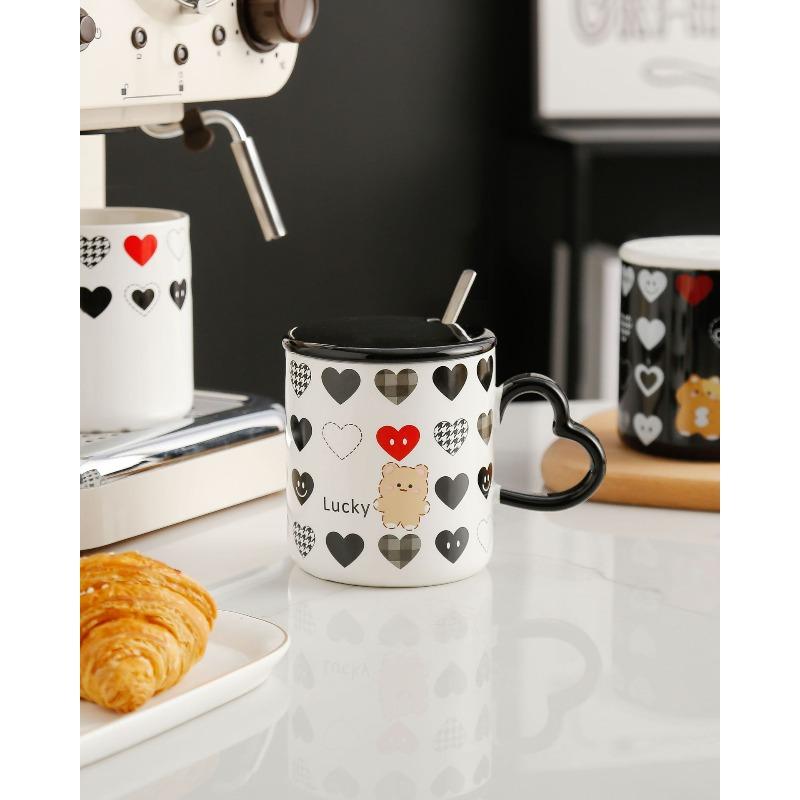Creative Love Animal Mug with Good Looks and Cute Couple Home Ceramic Cup Afternoon Tea Coffee Cup with Lid Spoon 400ml