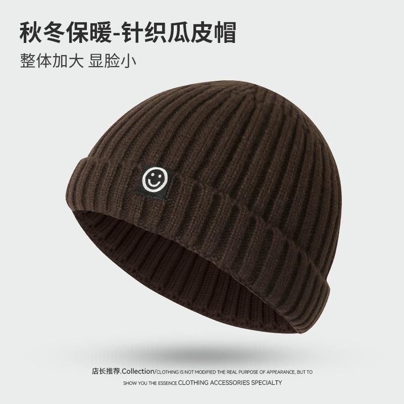 New Smiley Face Sticker Solid Color Knitted Hat Hip-hop Personality Warm Versatile Fashion Trend Casual Melon Hat