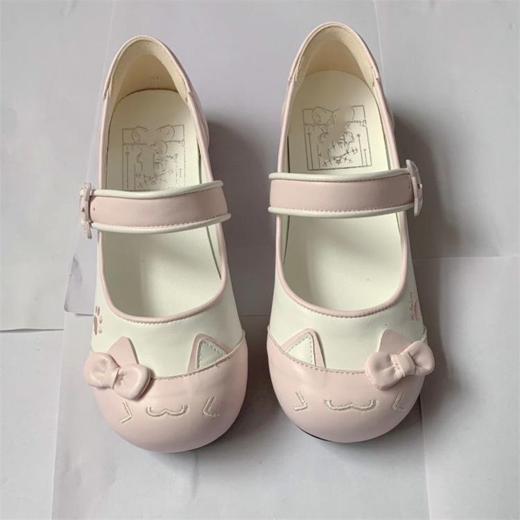 One-word Buckle with Pink Leather Shoes Popular Lolita Flat Single Shoes Women's Summer Bow Round Head Kitten Jk Uniform Shoes