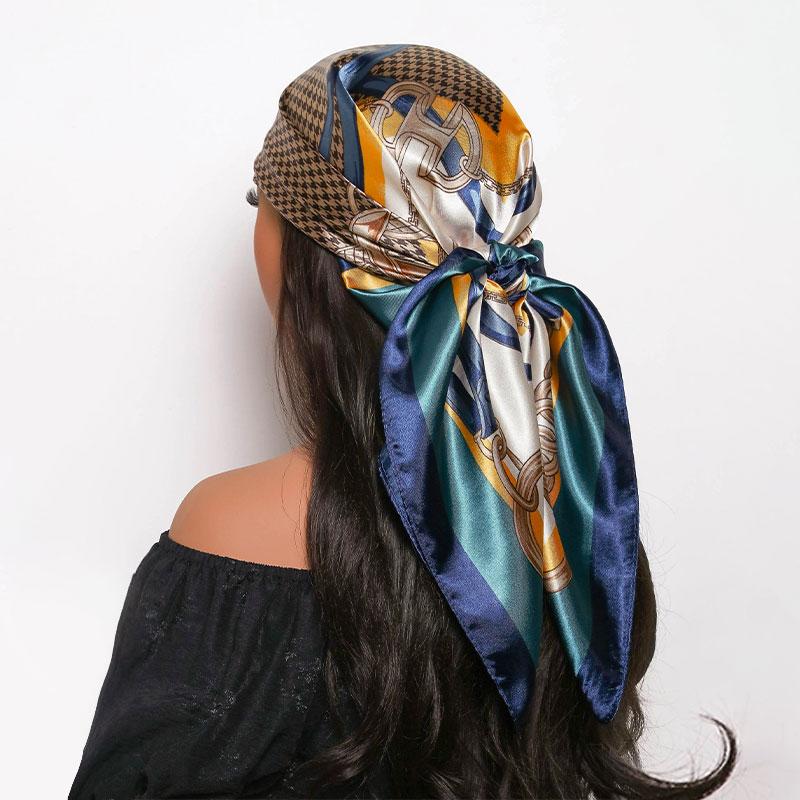 Druck Kopftuch Schal Damen Mode 90*90cm Seidensatin Hijab Bandana Halstuch Sonnenschutz Schal Wickeltuch Kopftuch black