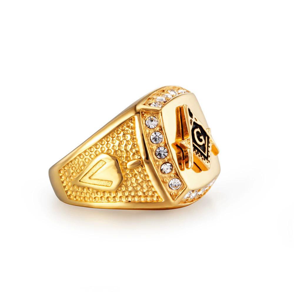 Men Ring Luxury Gold Color Masonic Titanium Jewelry Geometrical Design Crystal Masonic Rings Fashion Jewelry