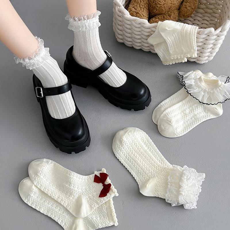 Milky White Bow Lace Socks Women Cute Lolita Japanese Jk Lace Socks Lolita Sweat-Absorbent Mid-Tube Socks