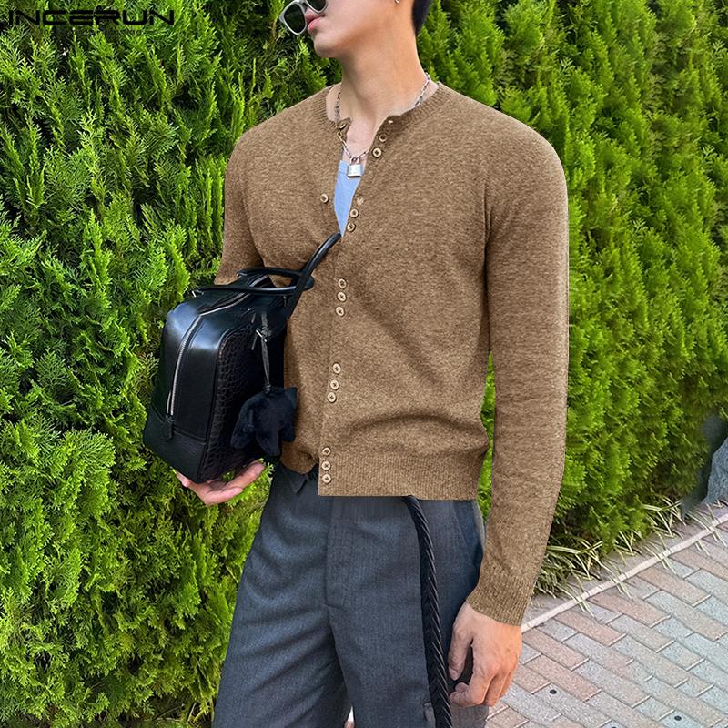 

INCERUN Mens V Neck Long Sleeve Button Up Cardigan Knit Tops L светло-коричневого