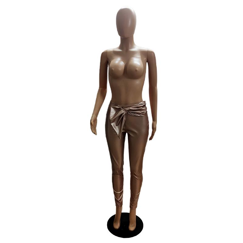 High Elastic PU Leather Leggings with Belt for Women