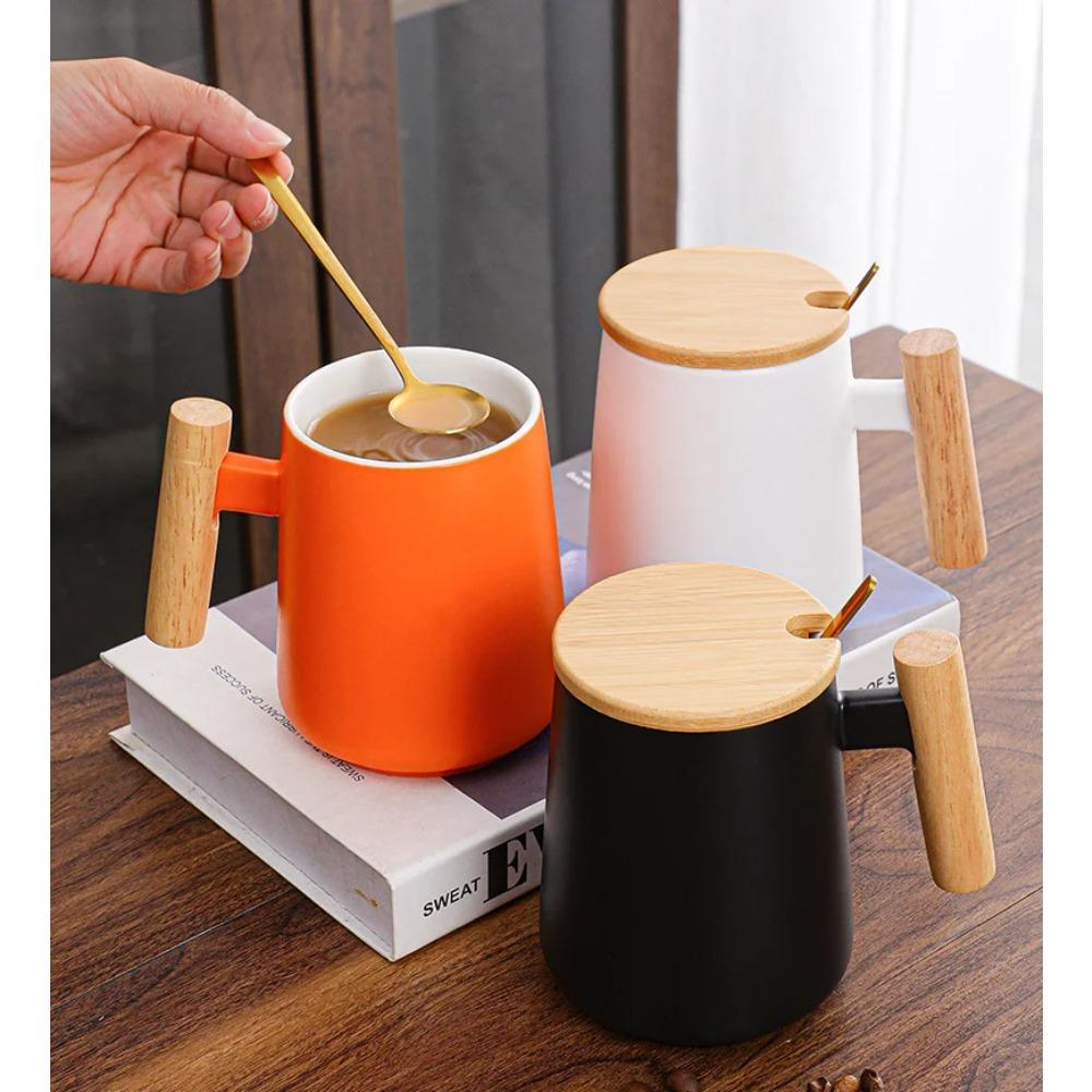 New Vintage Nordic Design Ceramic Coffee Mug with Lid Wooden Handle Retro Office Home Water Cup Simple Business Gift Drinking
