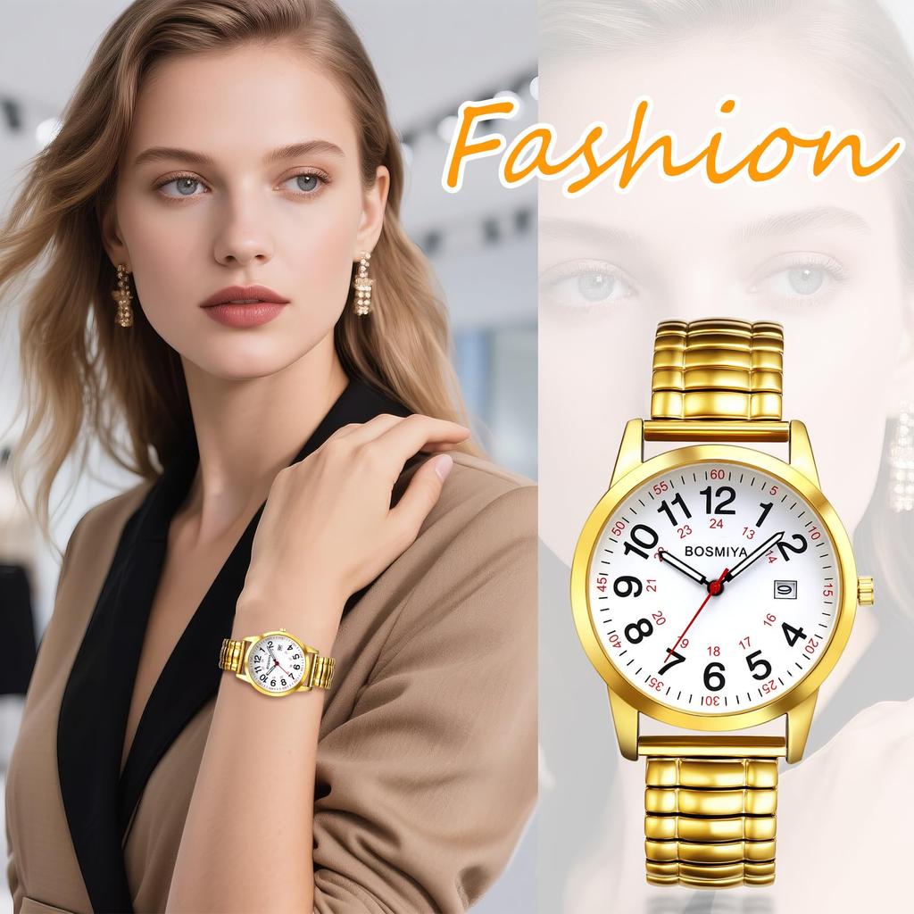 Men's Round Watch with Elastic Strap, Water Resistant, Arabic Numerals, Stainless Steel Analog Display, Calendar Function, Quartz Movement, Stylish