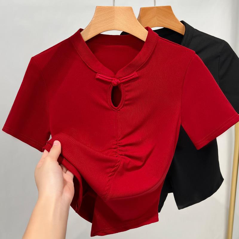 

Новая китайская футболка с короткими рукавами для женщин, новая женская футболка с воротником-стойкой, пуговицами, плиссированная, облегающая талию, короткая футболка M красный