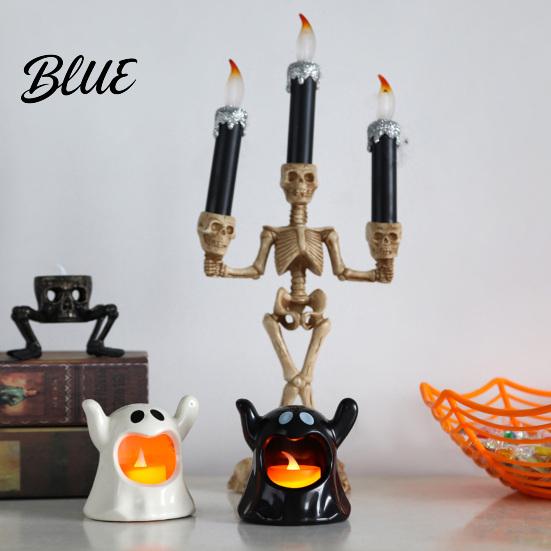 Ghost Shaped Candle Holder Halloween with LED Candle Cute Tea Light Safe Indoor Holder Spooky Tabletop Decoration for Home Decor Holiday