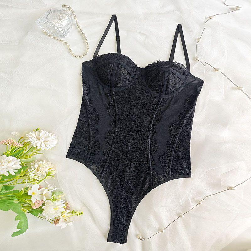 European & American Lace Patchwork See-through Slim Fit Bodysuit