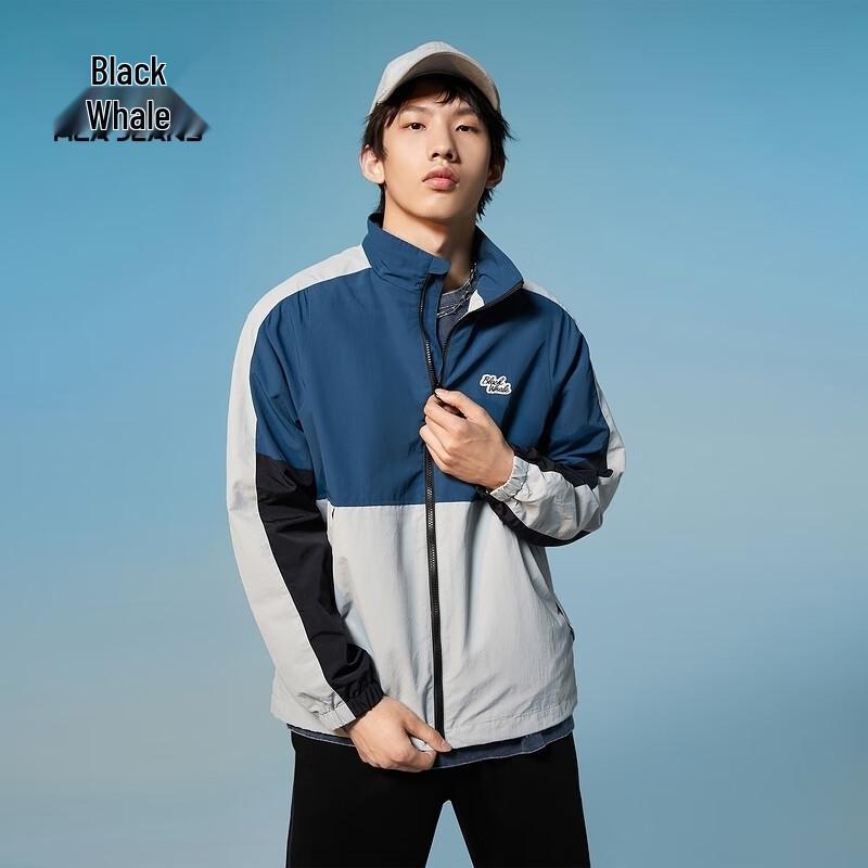 

Black Whale Retro Color Block Stand Collar Jacket XXL