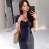 Summer new French square neck pleated bow dress women's summer royal sister spice girl hip-wrapped fishtail dress