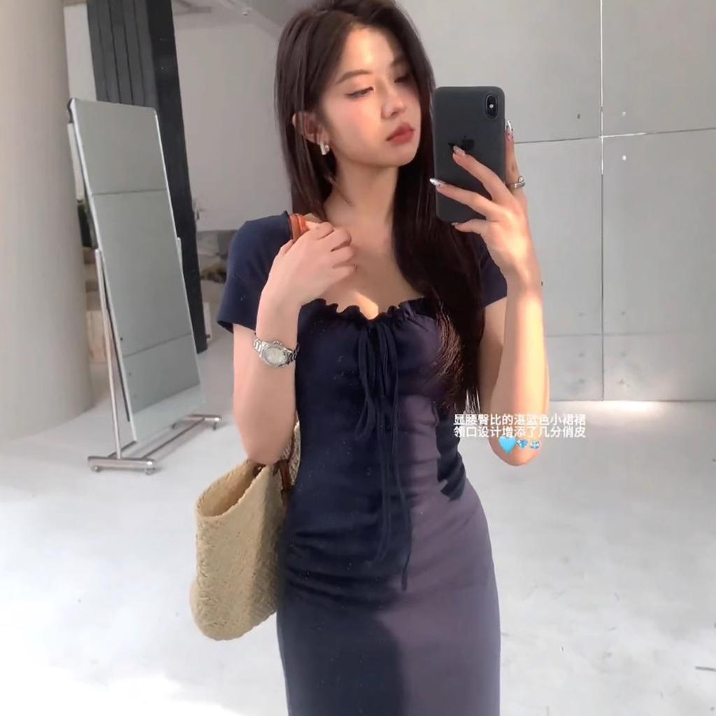Summer new French square neck pleated bow dress women's summer royal sister spice girl hip-wrapped fishtail dress