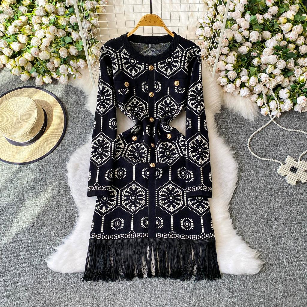 Autumn Winter Women Vintage Print Full Sleeve Knitted Sweater Pullover Dresses With Tassel