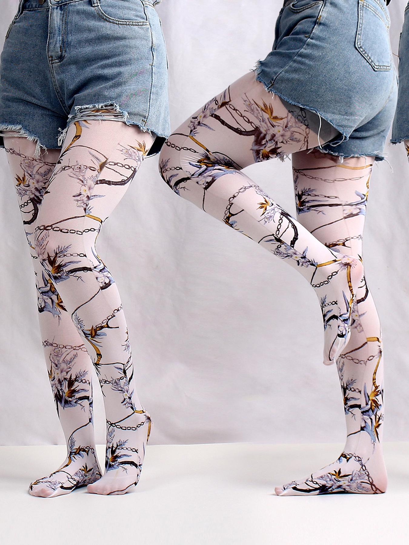 Collants imprimés graffiti pour femmes, résille camouflage à carreaux sans coutures, bas longs sexy extensibles pour femmes, bas multicolores One Size gray