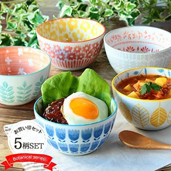 Colorful Living Mino Scandinavian 5 Pattern Made In Diameter Microwave Dishwasher Ceramic Stylish Bowl, Ware, Flower, Set, Japan, 12.5cm, 480ml, Bowl,