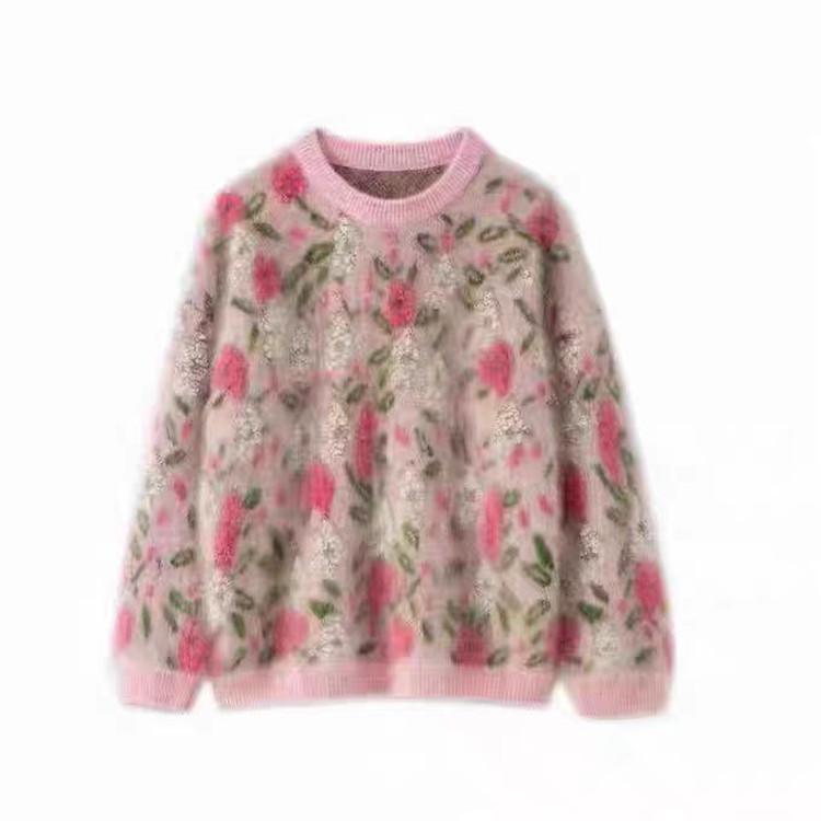 Peach Branch Tender Wool Sweater: Royal Plush Jacquard Embroidered Loose Pullover Base Layer, Heavy-Duty and Thick