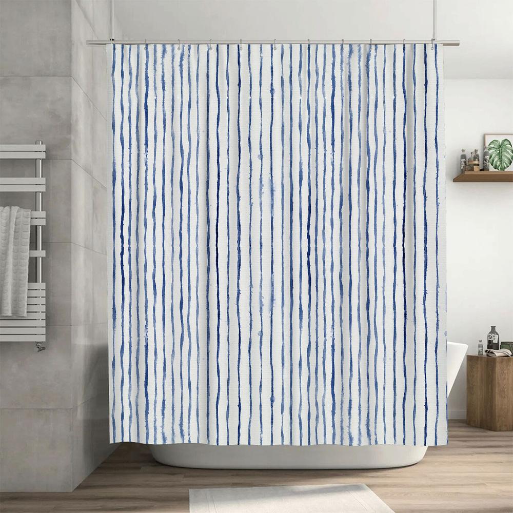Blue and White Striped Shower Curtain Waterproof Fabric High-Quality Bath Accessories for Home Decor Large Size (180x235cm)