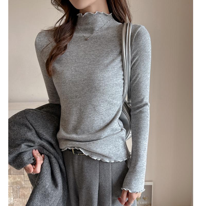 Autumn Winter Half High Collar Ruffles Solid T-shirt Women Long Sleeve Simple All-match Bottomed Tee Top Pullovers