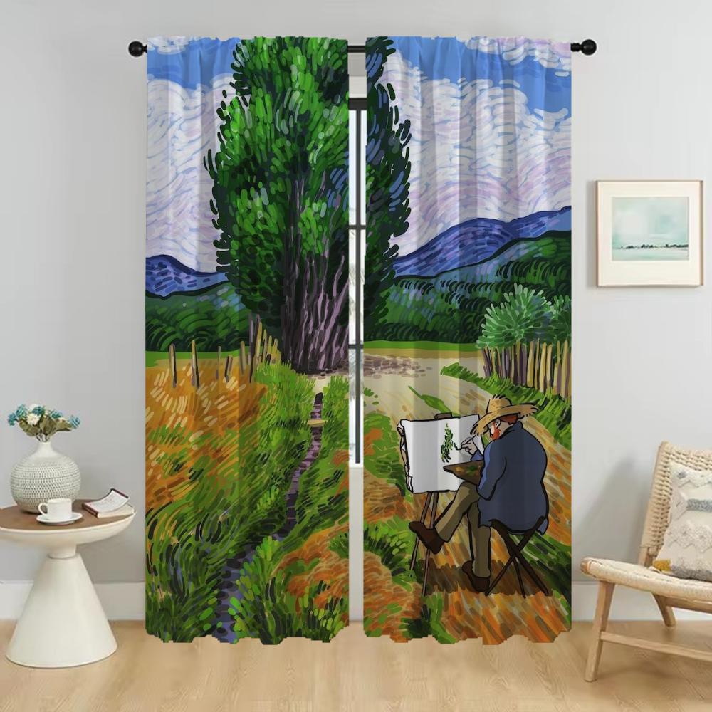 Van Gogh Curtains Child Room Modern Living Room Curtains 2 Pieces Window Curtain Partition Halloween Decoration Shades Kitchen