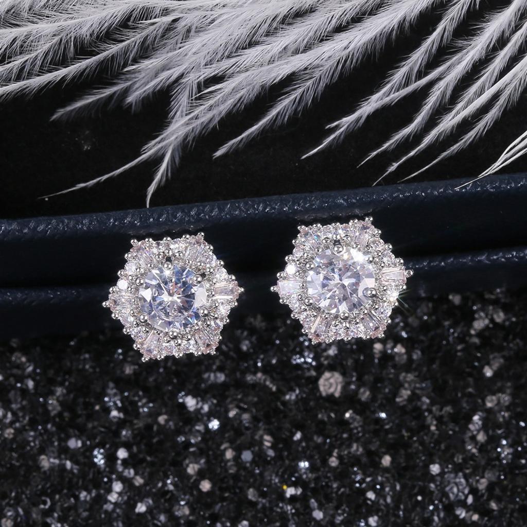 Round Center Stone Mixed Cut Double Halo Flower Stud Earrings Elegant Women Daily Party Jewelry