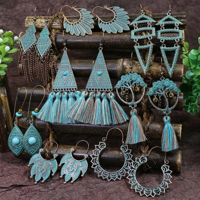 Vintage Ethnic Bronze Tassel Geometric Dangle Earrings for Women Boho Temperament Leaf Carved Water Drop Earrings Jhumka Jewelry