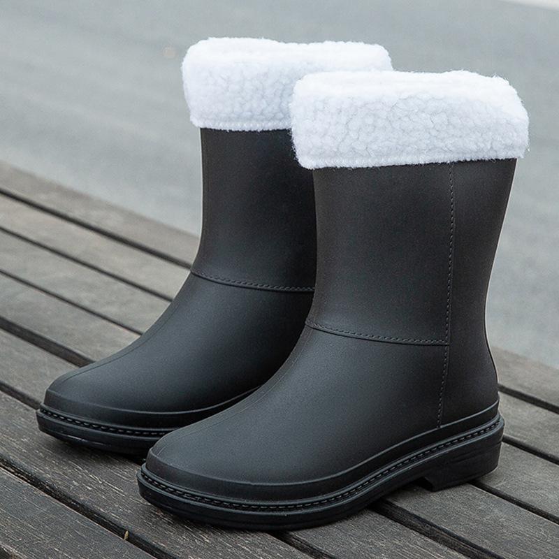 Waterproof rain boots medium tube velvet rain shoes women wear non-slip students warm rubber shoes wear-resistant work water shoes winter