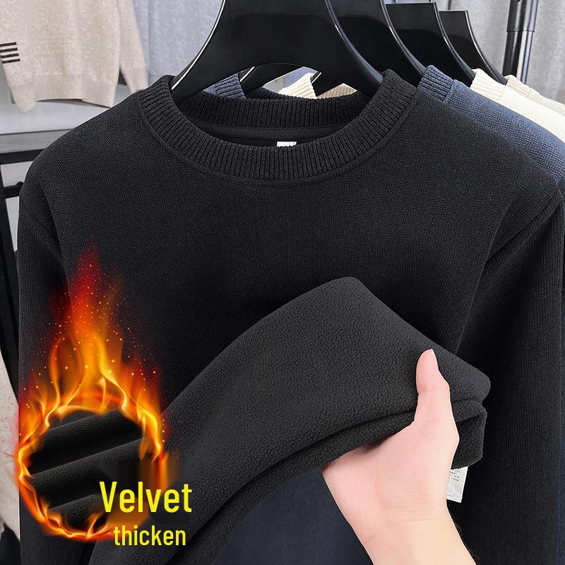 Men's Winter Warm Velvet Knit Pullover Sweater - Solid Color, Round Neck, Versatile Layer