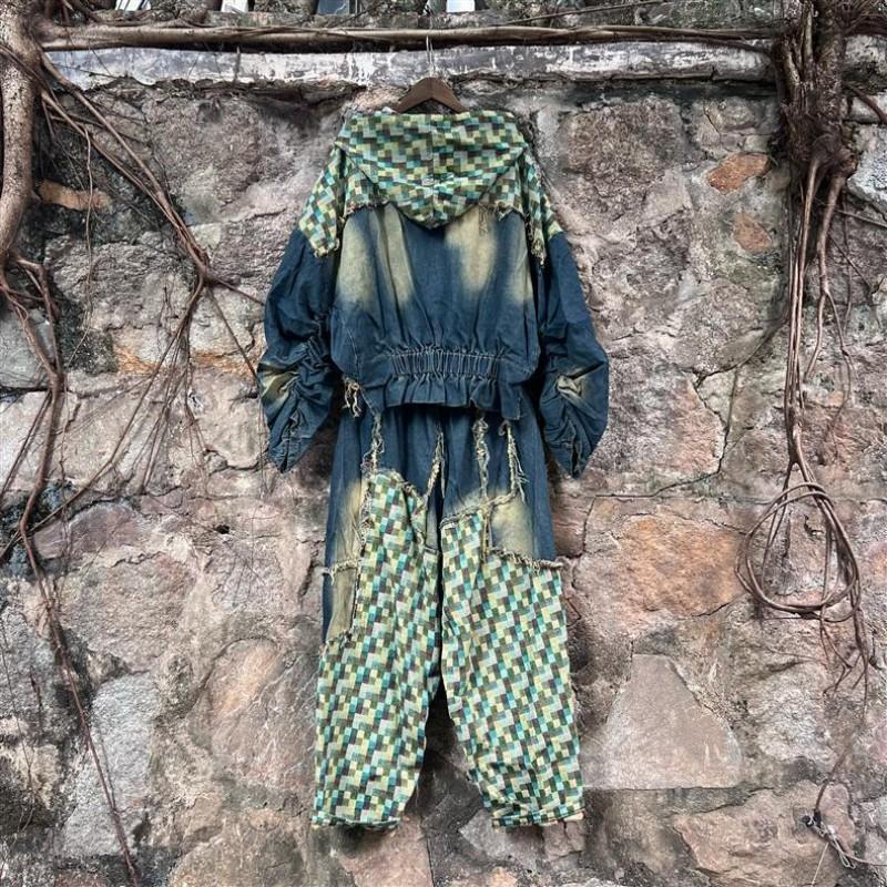 Womens Vintage Print Denim Jacket Baggy Pants Set Streetwear 2-Piece