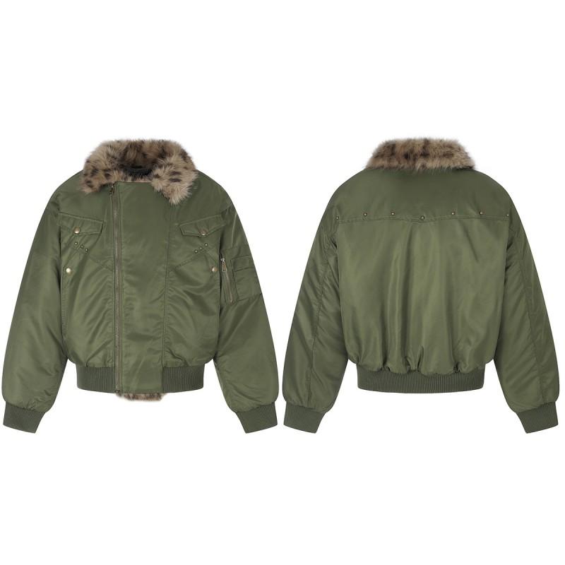 Mens Winter Vintage Flight Jacket Fleece Lined Padded Coat With Fur Collar