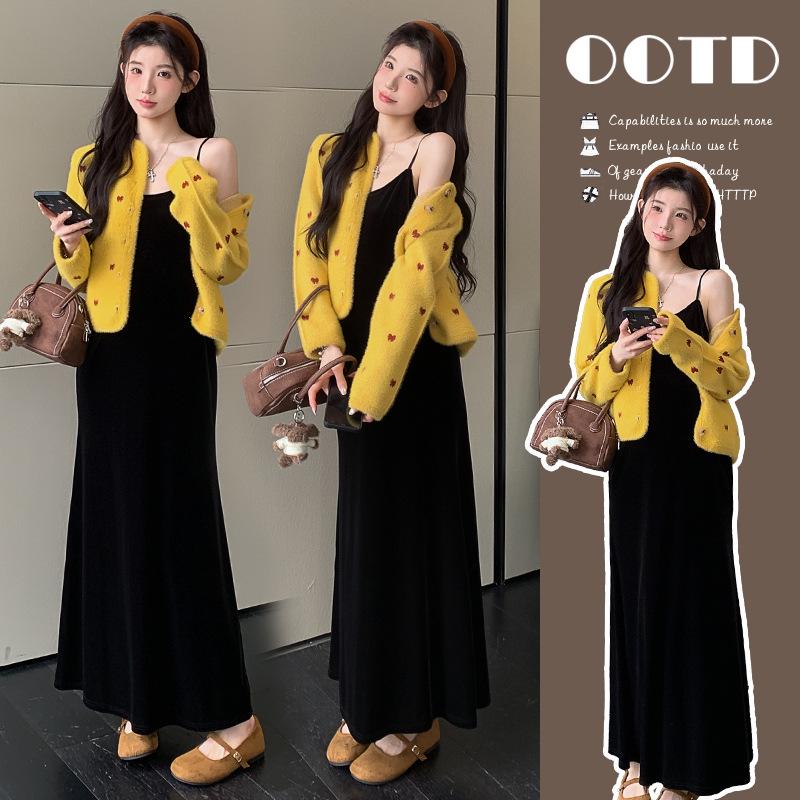 2026 Artistic Style Knit Cardigan & Velvet Camisole Dress Set L
