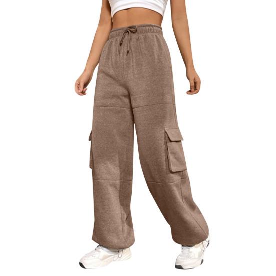 Women Cargo Pants Elastic High Waist Adjustable Drawstring Long Pants with Multi Pockets Wide Leg Design Solid Color Casual Pants