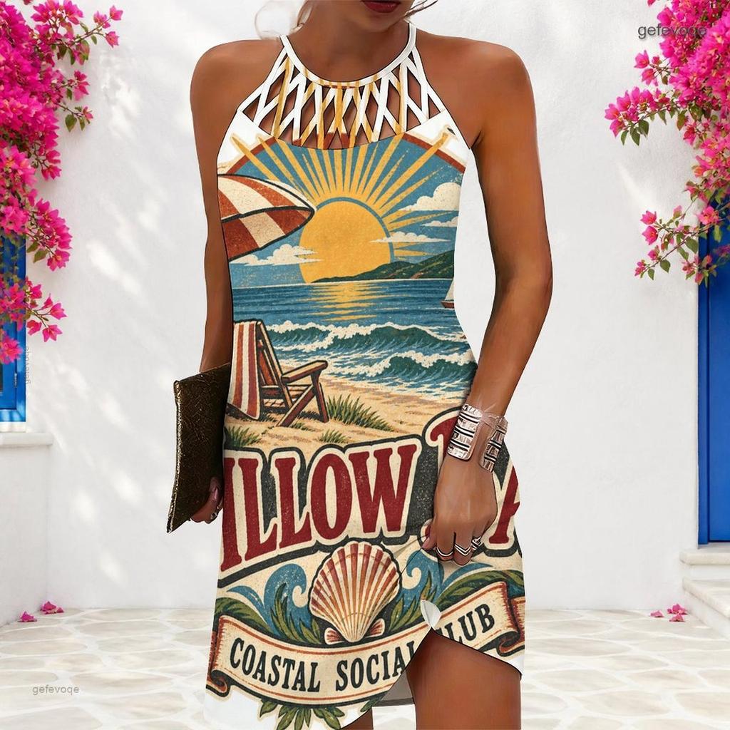 Women Plus Size Criss Cross Cutout Neck Sleeveless Landscape Printed Fitted Curved Hem Dress