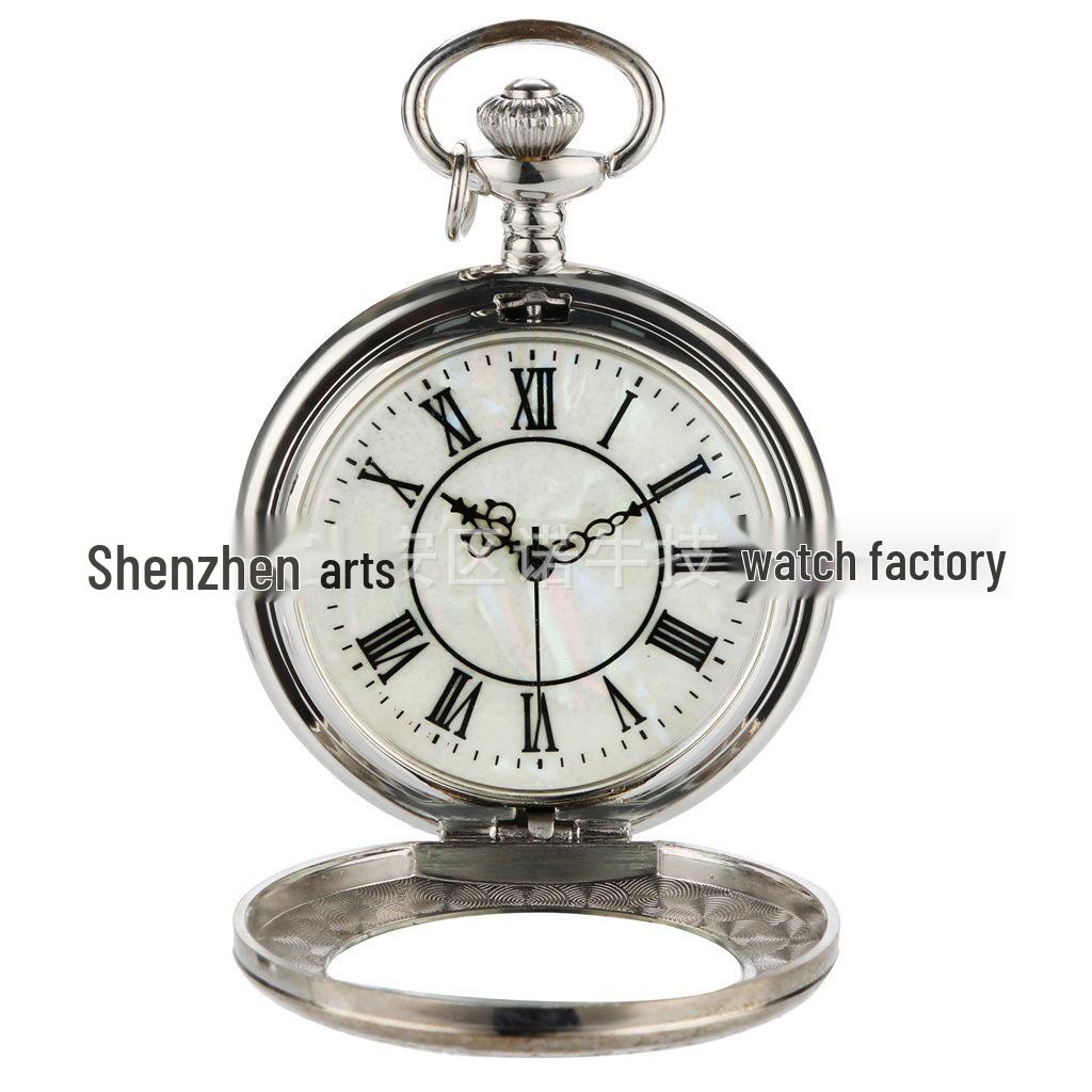 Nostalgic Silver Quartz Pocket Watch with Roman Numerals and Iridescent Glass Lace Design. Model 1017.
