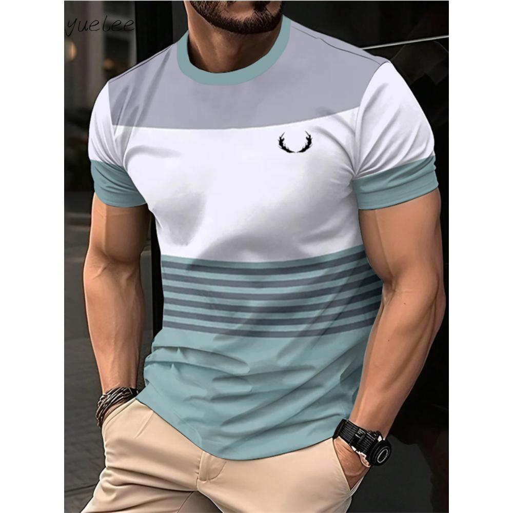Fashion Striped Printed Men's T-Shirt Summer Breathable Men's Clothing Casual Loose Men Tops Versatile O-Neck Men Short Sleeved